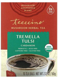 teeccino Mushroom Herbal Tea Tremella Tulsi Cardamom Caffeine Free 10 Tea Bags 2.12 oz (60 g) 