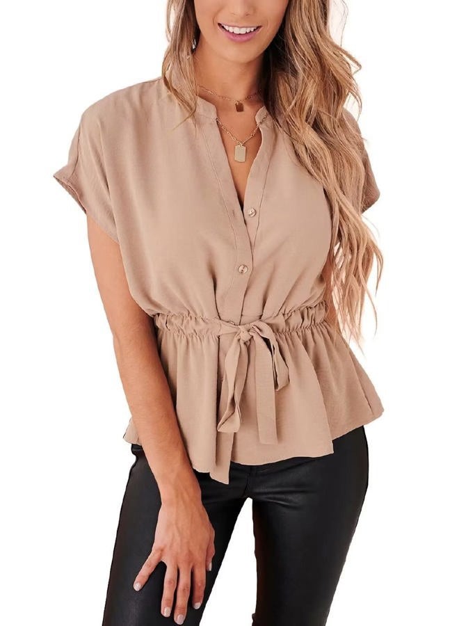 CiCiBird Womens Button Down Blouses Casual Peplum Summer Tops Dressy Chiffon Work Blouse, Apricot, M - Image 1