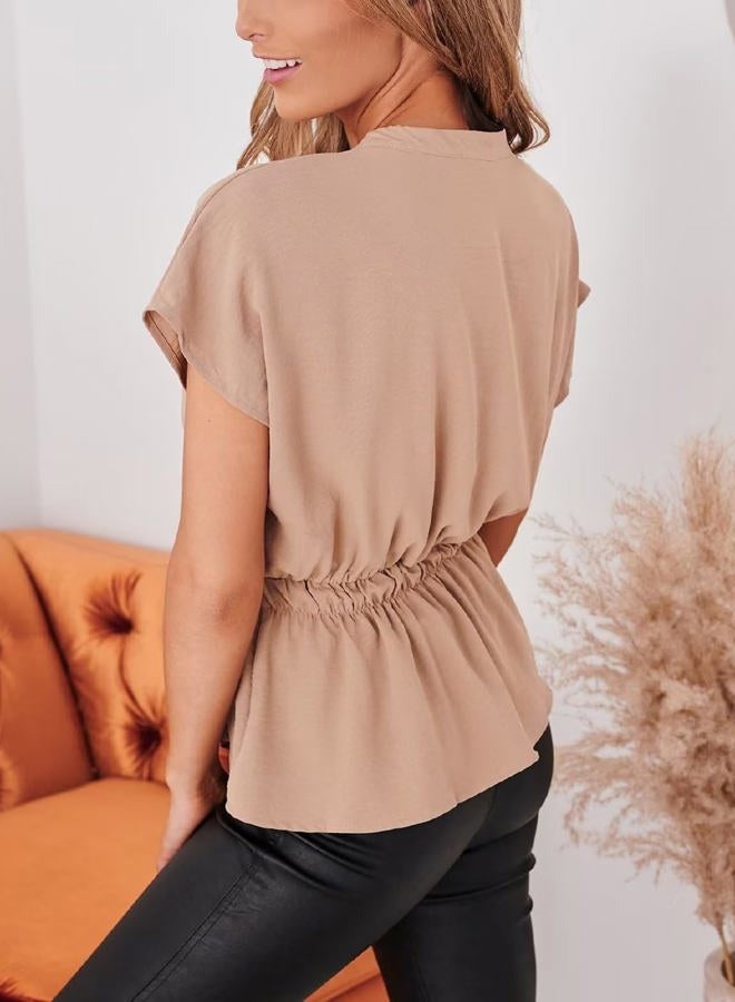 CiCiBird Womens Button Down Blouses Casual Peplum Summer Tops Dressy Chiffon Work Blouse, Apricot, M - Image 2