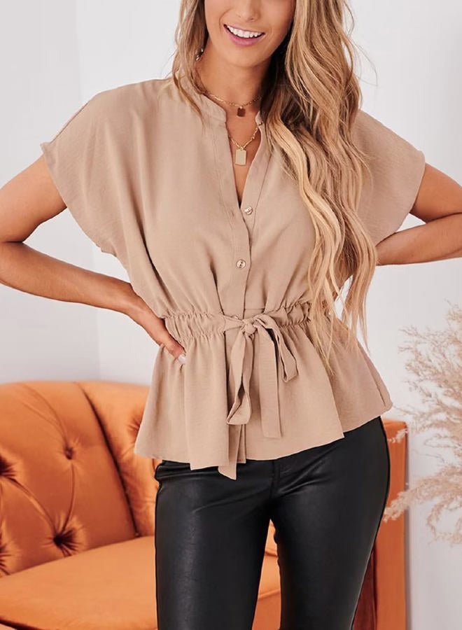 CiCiBird Womens Button Down Blouses Casual Peplum Summer Tops Dressy Chiffon Work Blouse, Apricot, M - Image 4