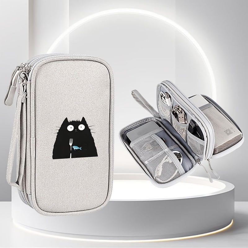 Light Grey Multi Functional Travel Storage Bag Large Capacity Double Layer Organizer Pouch for Data Cables Charging Pouches - Image 1