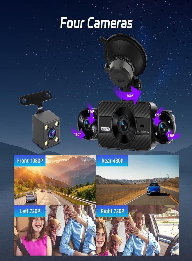 NHOPEEW Dash Cam Front and Rear Inside, 4 Channel Dash Cam 3" IPS Screen Front and Back with 8 IR Night Vision Lights, Loop Recording, 24 Hours Recording, G-Sensor, Reverse Help - Image 3