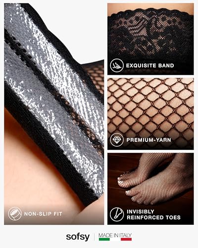 sofsy Italian Black Fishnet Stockings for Women - Anti-Skid Lace Mesh Thigh High Tights fo Garter Belt & Goth Party | Dual Silicone Top - M/L - Image 4