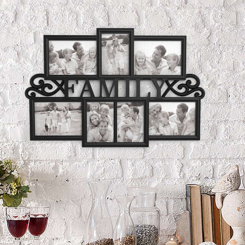 Family Collage Picture Frame  Wall Hanging with 7 PuzzleStyle Openings  Displays Three 4x6 and Four 5x7 Photos of Memories by Lavish Home Black