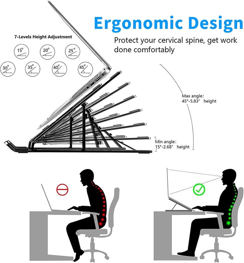 Leeboom Laptop Stand for Desk, Ergonomic Design Adjustable Aluminum Foldable Portable Computer Stand, Compatible with MacBook Air Pro, HP, Lenovo, Dell, More 10-15.6”Inch and Tablets (Black) - Image 2