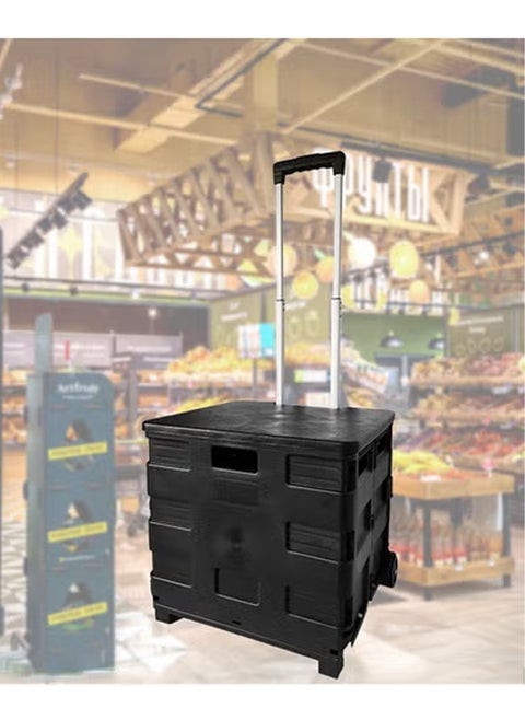 Folding shopping cart, portable small cart with lid and two pulleys, adjustable height, suitable for mobile, grocery shopping, luggage, black