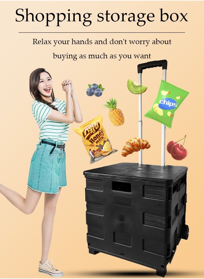 DUNISO - Folding shopping cart, portable small cart with lid and two pulleys, adjustable height, suitable for mobile, grocery shopping, luggage, black - Image 1