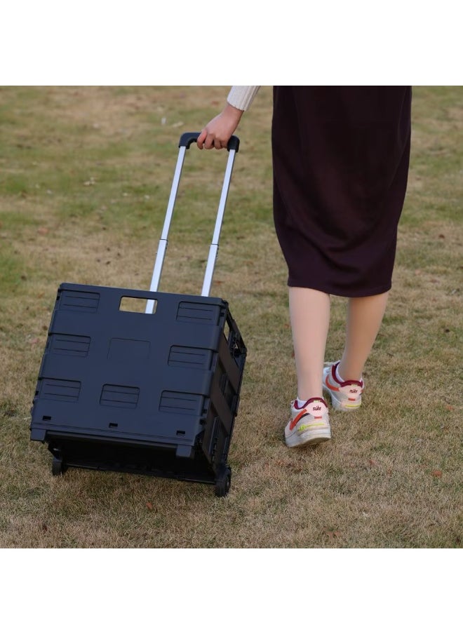 Folding shopping cart, portable small cart with lid and two pulleys, adjustable height, suitable for mobile, grocery shopping, luggage, black