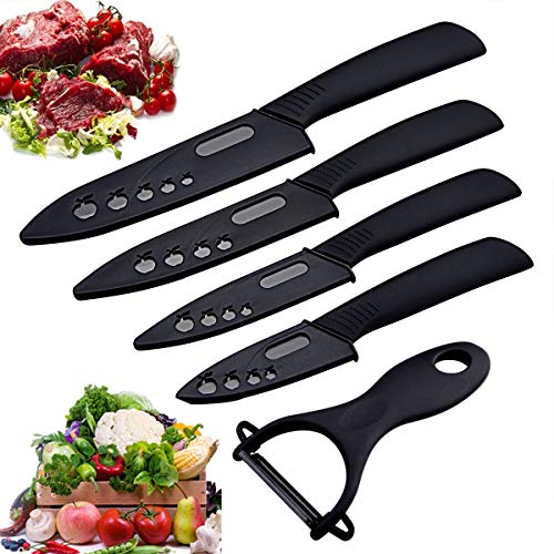 Wolf War Ceramic Knife Set - Black 5 Piece, 6" Chef, 5" Utility, 4" Fruit, 3" Paring, Peeler - Image 1