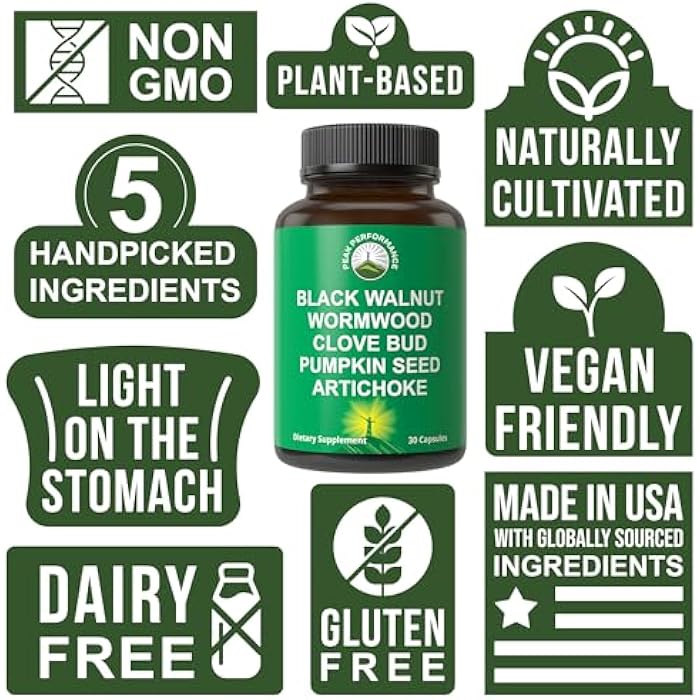 Peak Performance Wormwood Black Walnut Clove Cleanse For Humans. Elimination Detox + Intestinal Support Capsules Supplement for Adults and Kids. Pills with Artichoke and Pumpkin Seed for Additional Benefits - Image 2
