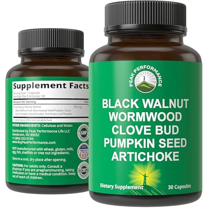 Peak Performance Wormwood Black Walnut Clove Cleanse For Humans. Elimination Detox + Intestinal Support Capsules Supplement for Adults and Kids. Pills with Artichoke and Pumpkin Seed for Additional Benefits - Image 1