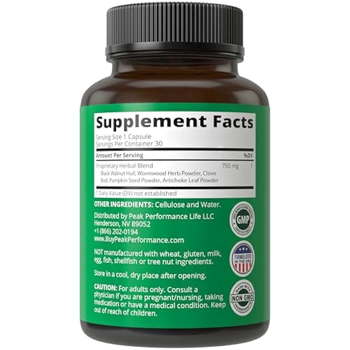 Peak Performance Wormwood Black Walnut Clove Cleanse For Humans. Elimination Detox + Intestinal Support Capsules Supplement for Adults and Kids. Pills with Artichoke and Pumpkin Seed for Additional Benefits - Image 5