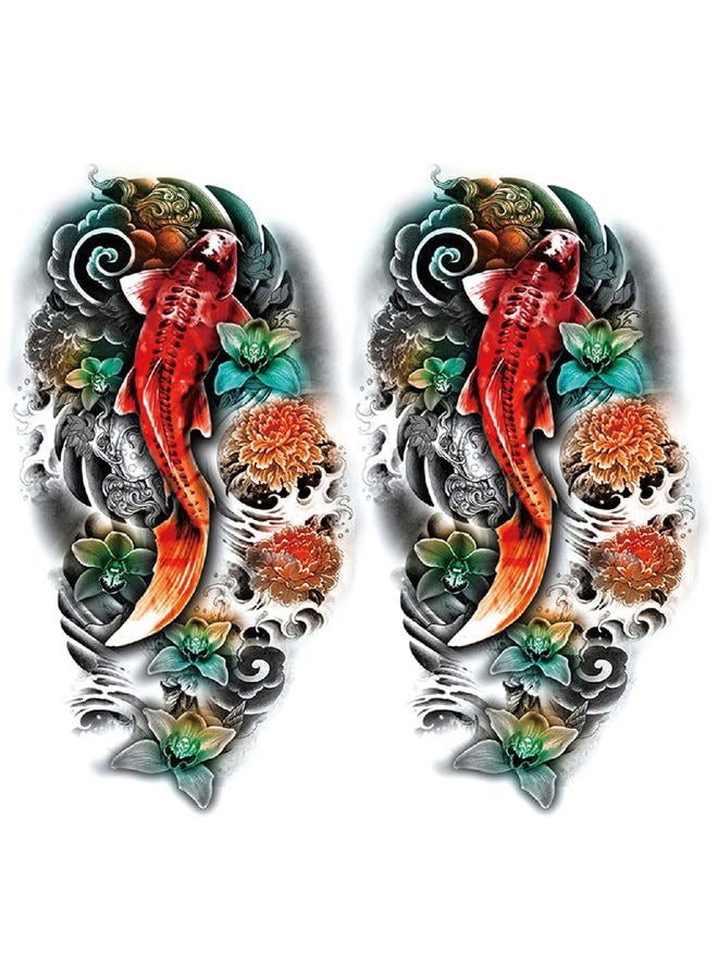 Oottati 2 Sheets Arm Thigh Waterproof Temporary Tattoo Stickers Wave Flower Lotus Koi Carp Fish  - Image 1
