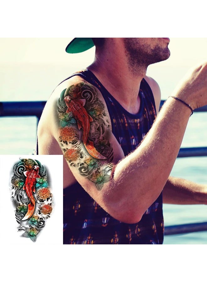 Oottati 2 Sheets Arm Thigh Waterproof Temporary Tattoo Stickers Wave Flower Lotus Koi Carp Fish  - Image 2