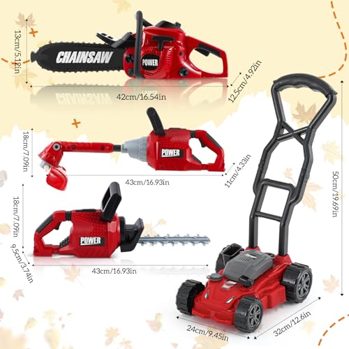 Arrowbash 4 Pcs Toy Gardening Tool Set for Kids Toy Weed Trimmer Chainsaw Hedge Trimmer Push Lawn Mower Battery Role Play Set Christmas Birthday Party Gift for Boys Girls - Image 5