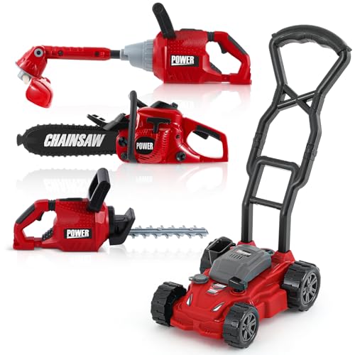 Arrowbash 4 Pcs Toy Gardening Tool Set for Kids Toy Weed Trimmer Chainsaw Hedge Trimmer Push Lawn Mower Battery Role Play Set Christmas Birthday Party Gift for Boys Girls - Image 1