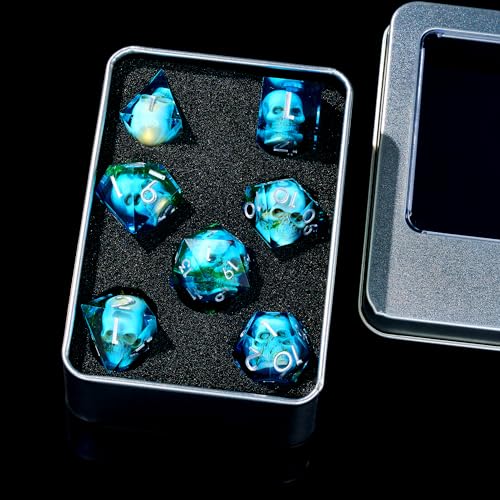 Froggod Moss Skull DND Dice Set 7Pcs Sharp Edge DD Dice with Gift Box for for Dungeons and Dragons Resin D and D Role Playing Dice D20 D12 D10 D8 D6 D4 Blue - Image 5