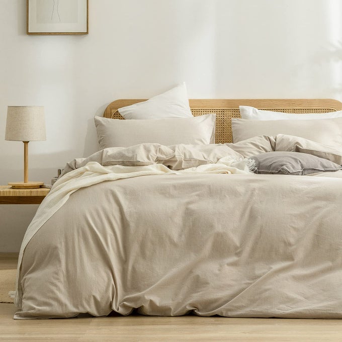 DUVET COVER SET 100 WASHED COTTON LINEN FEEL SUPER SOFT COMFORTABLE CHIC LIGHTWEIGHT 3 PCS HOME BEDDING SET SOLID ALMOND MILK GREY FULLDOUBLE