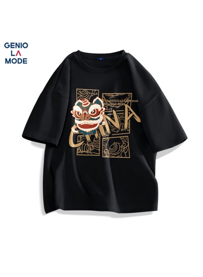 Geniolamode Men's Short Sleeve Summer Cotton Casual Fashion All-match National Tide Lion Print Youth T-shirt Men's Clothing Black XL - Image 1