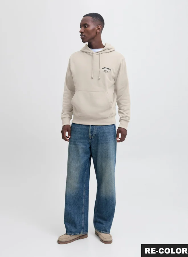 JACK & JONES Beige Printed Studio Pullover Hoodie