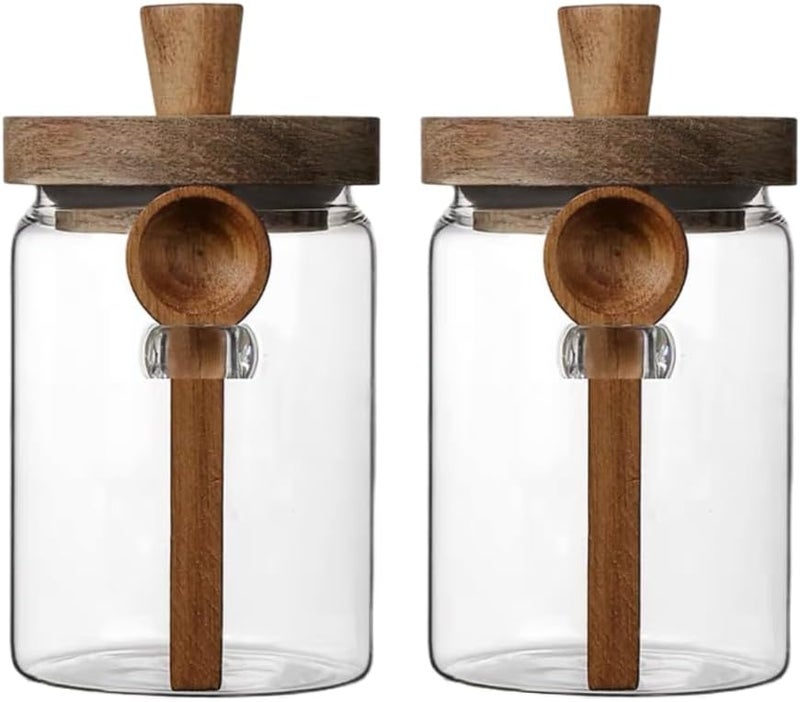 ANSQU Set of 2 Glass Food Storage Jars with Bamboo Wood Lid and Spoon, 27oz Glass Kitchen Canisters for Coffee, Tea, Cereal, Spice and Canning, Mason Jars (27oz-2pack) - Image 1