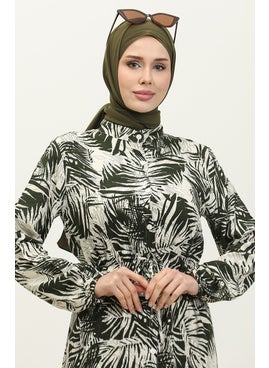Sefa Merve Rana Palm Pattern Viscose Dress 0342-01 Khaki Beige  - Image 4
