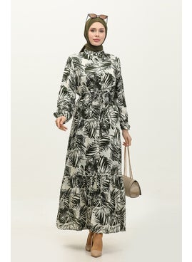Sefa Merve Rana Palm Pattern Viscose Dress 0342-01 Khaki Beige  - Image 1