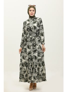 Sefa Merve Rana Palm Pattern Viscose Dress 0342-01 Khaki Beige  - Image 2