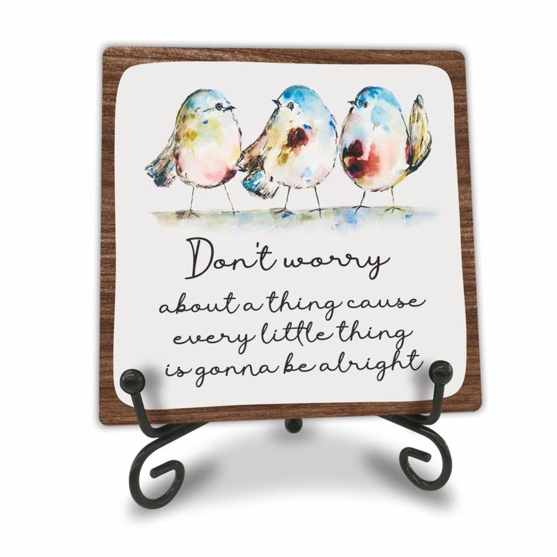 Tabyon 4" Wooden Sign With A Support - Don't Worry about A Thing Cause Every Little Thing Gonna Be Alright - Watercolor Adorable Birds, Positive Quotes Desk Decor, Uplifting Gifts, Home Decorations & Gifts - Image 1