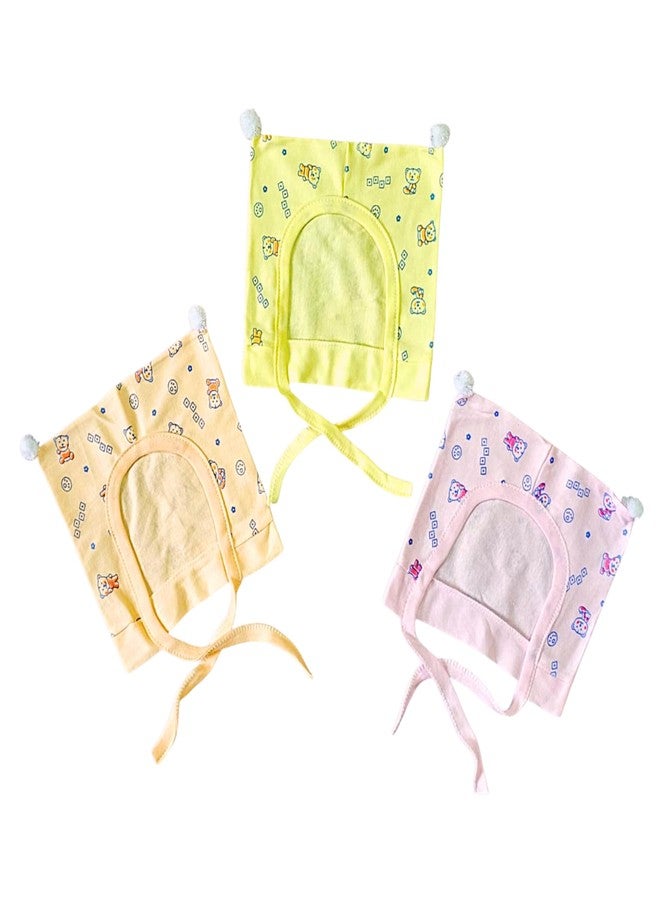 Hooper Rabbit Baby Caps Pom Pom Style | Soft Cotton Fabric | Baby Ear Protection | Multicolor | Large 6-18 Months | Designs and Color Varries | Combo 3 pcs - Image 1
