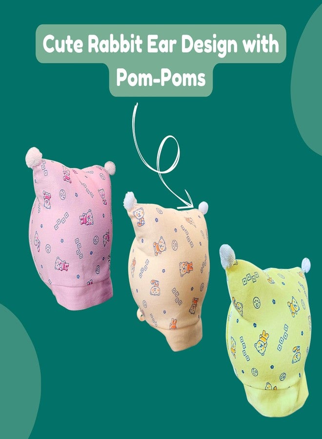Hooper Rabbit Baby Caps Pom Pom Style | Soft Cotton Fabric | Baby Ear Protection | Multicolor | Large 6-18 Months | Designs and Color Varries | Combo 3 pcs - Image 3