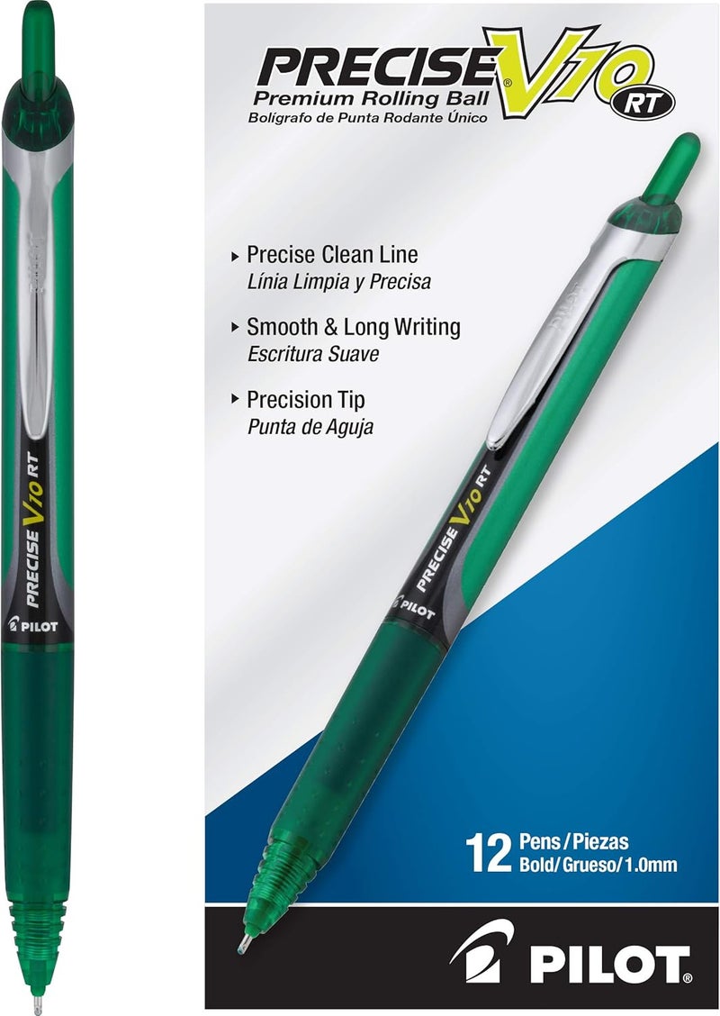 PILOT , Precise V10 RT Refillable & Retractable Rolling Ball Pens, Bold Point 1 mm, Green, Pack of 12 - Image 1