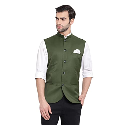 VASTRAMAY Mens Cotton Silk Green Nehru Jacket - Timeless Style & Versatility | Ethnic Sleeveless Coat With Curved Hem And Formal Waist Length | Formal & Casual Wear_VASMJ054GN_36 - Image 1