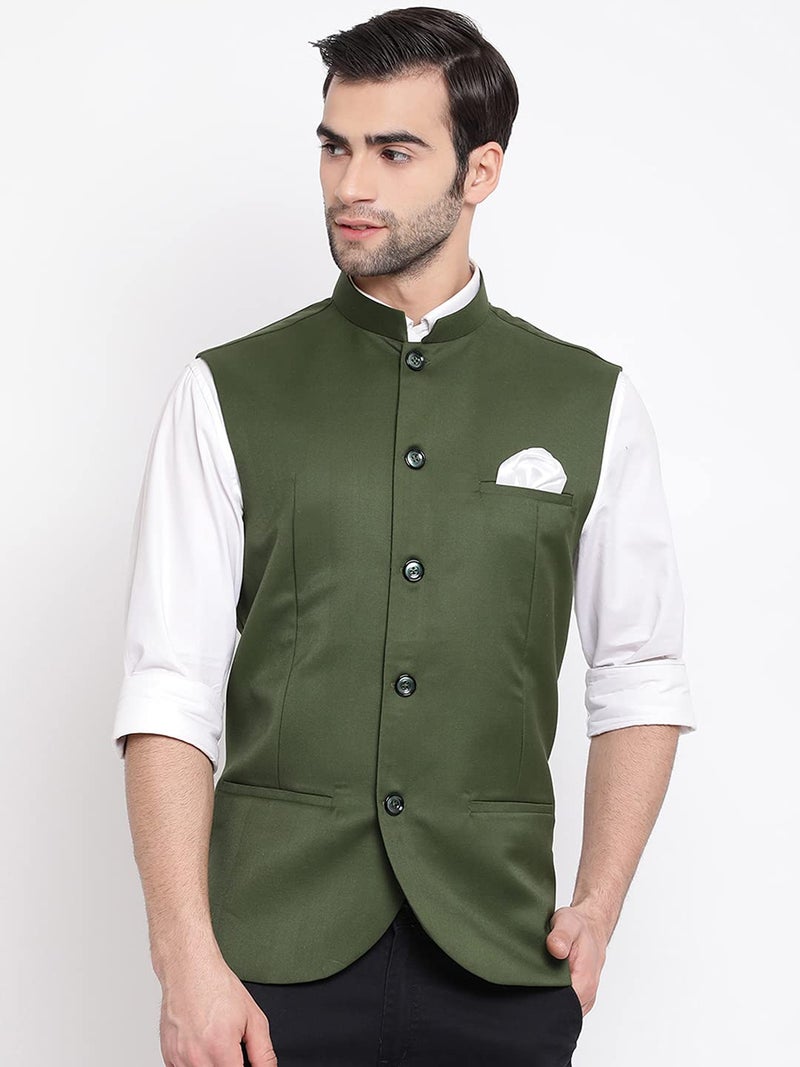 VASTRAMAY Mens Cotton Silk Green Nehru Jacket - Timeless Style & Versatility | Ethnic Sleeveless Coat With Curved Hem And Formal Waist Length | Formal & Casual Wear_VASMJ054GN_36 - Image 2