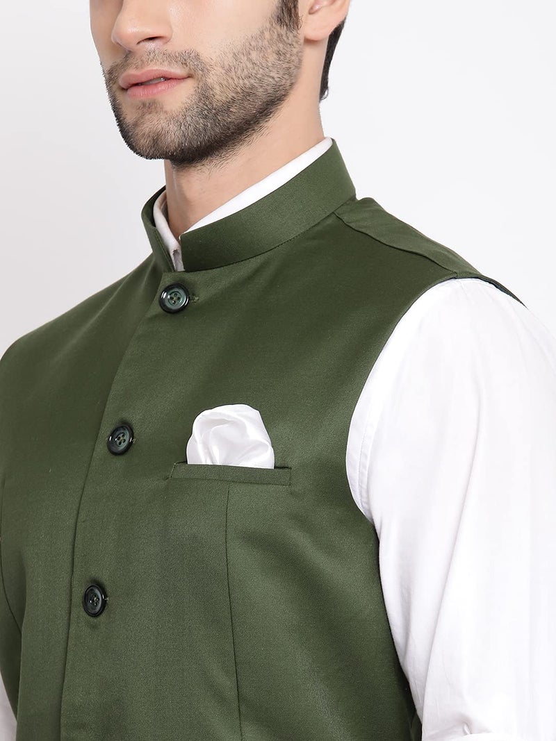 VASTRAMAY Mens Cotton Silk Green Nehru Jacket - Timeless Style & Versatility | Ethnic Sleeveless Coat With Curved Hem And Formal Waist Length | Formal & Casual Wear_VASMJ054GN_36 - Image 4