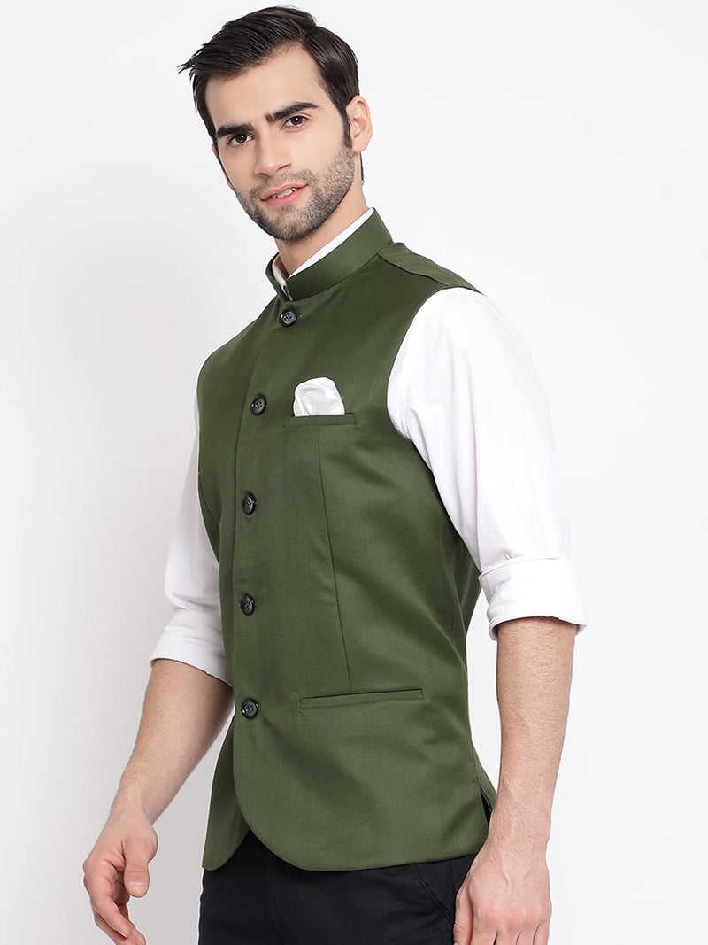 VASTRAMAY Mens Cotton Silk Green Nehru Jacket - Timeless Style & Versatility | Ethnic Sleeveless Coat With Curved Hem And Formal Waist Length | Formal & Casual Wear_VASMJ054GN_36 - Image 3