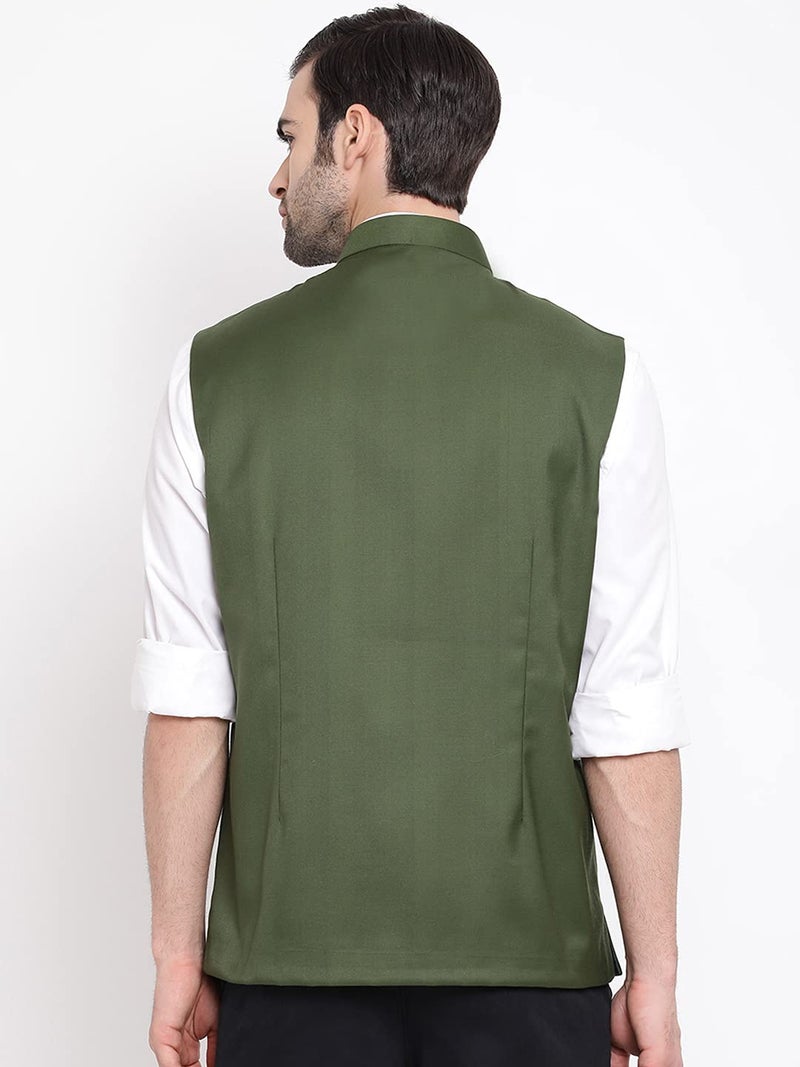 VASTRAMAY Mens Cotton Silk Green Nehru Jacket - Timeless Style & Versatility | Ethnic Sleeveless Coat With Curved Hem And Formal Waist Length | Formal & Casual Wear_VASMJ054GN_36 - Image 5