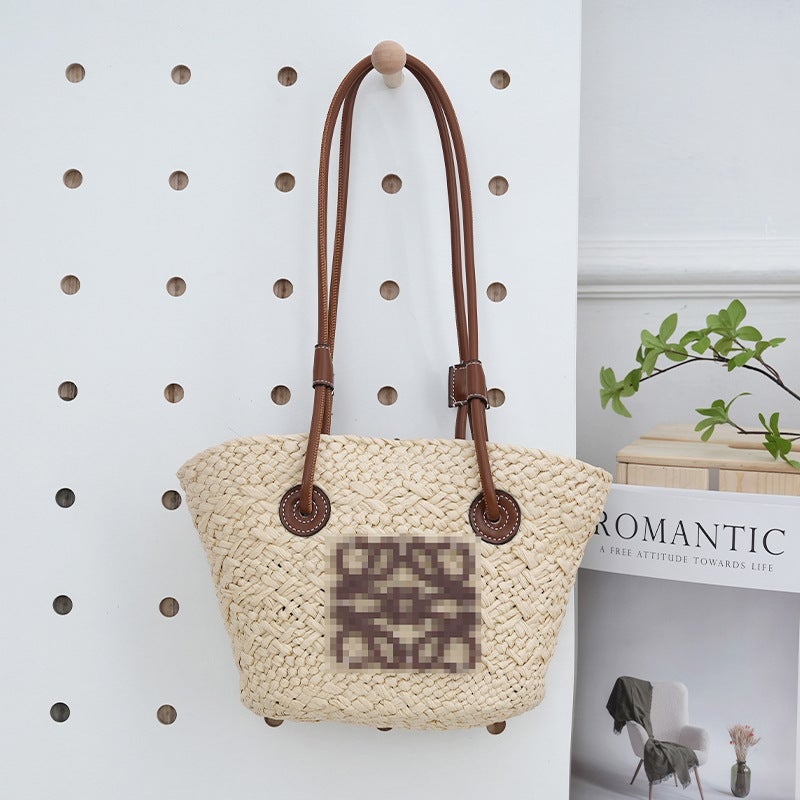 Large Capacity Simple Neutral Style Woven Bag Womens Shoulder Bag For Commuting Shopping Travel Beach Outing Daily Use Beige 