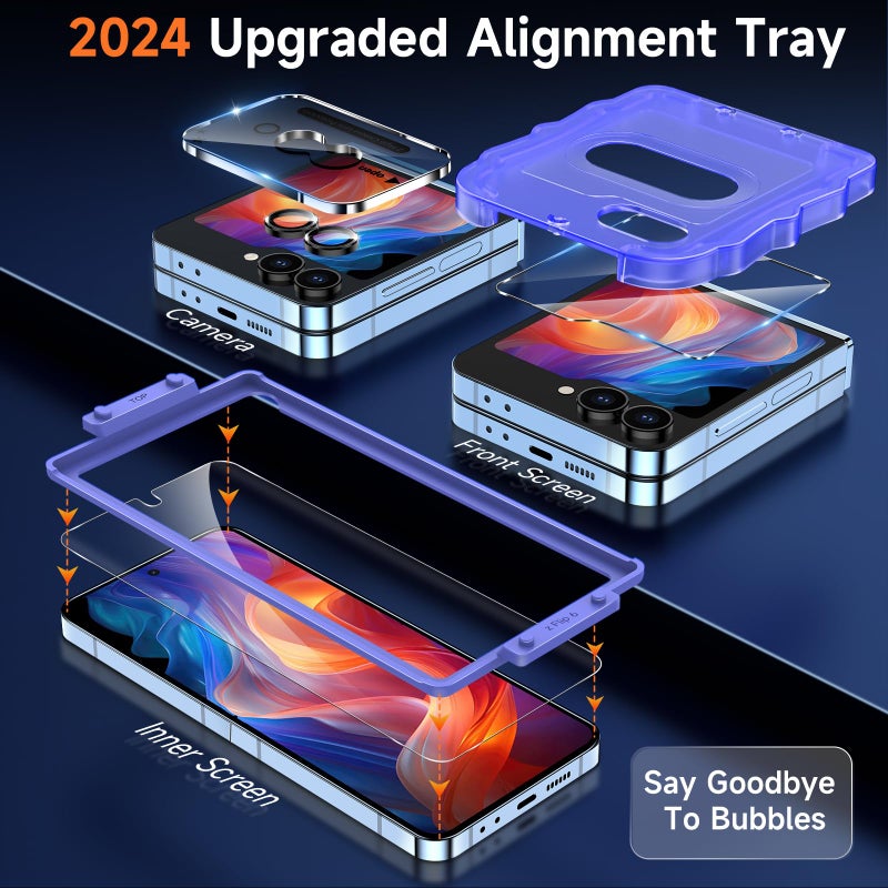 YWXTW EZ Alignment for Samsung Galaxy Z Flip 6/Z Flip 7 FE Screen Protector, [Strengthen Crease Test] 3Pcs Inner Soft EPU Film+2Pcs Front Display Tempered Glass+1 Set Camera lens Protector, Anti Scratch - Image 2