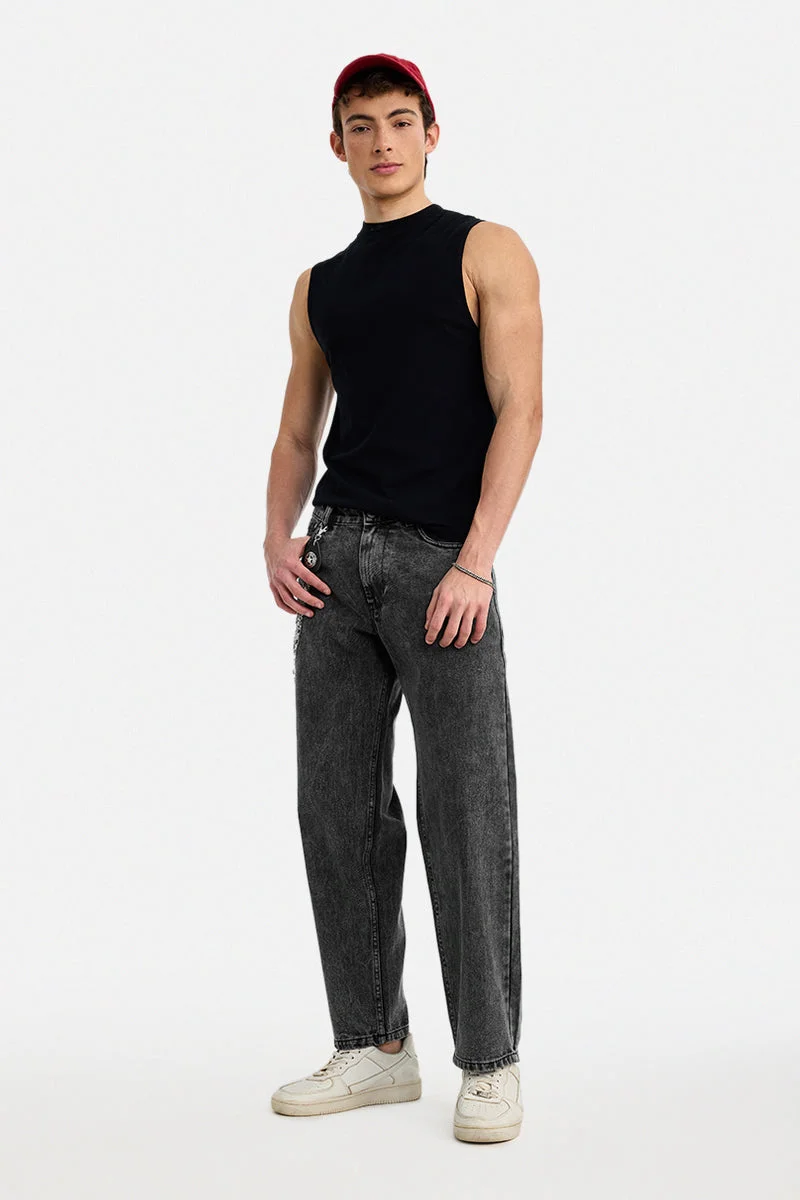 سنيتش Dark Grey Solid Loose Fit Streetwear Jeans