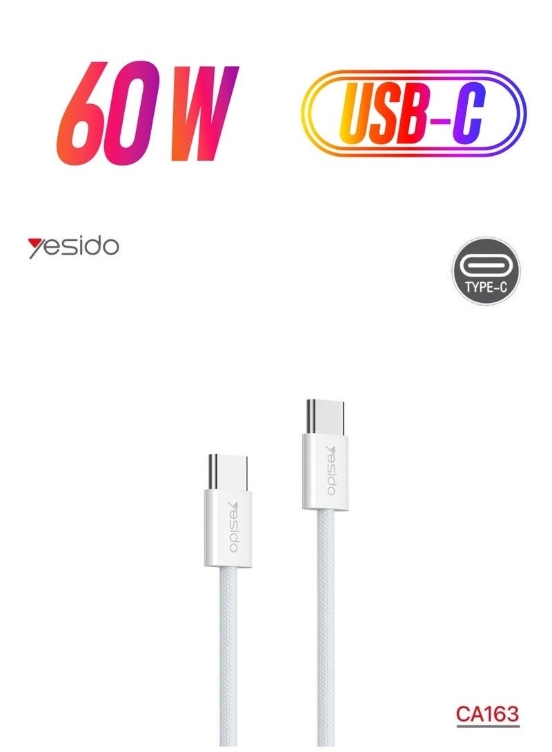 Yesido CA163 Dual Type-C Charging Cable PD 60W Fast Charge – 1.2 Meter White – Power Delivery 60W & Compatible with 27W Devices – Dual Type-C Connectors for Fast Charging & Data Sync – Ideal for USB-C Laptops, Smartphones, Tablets & More - Image 1