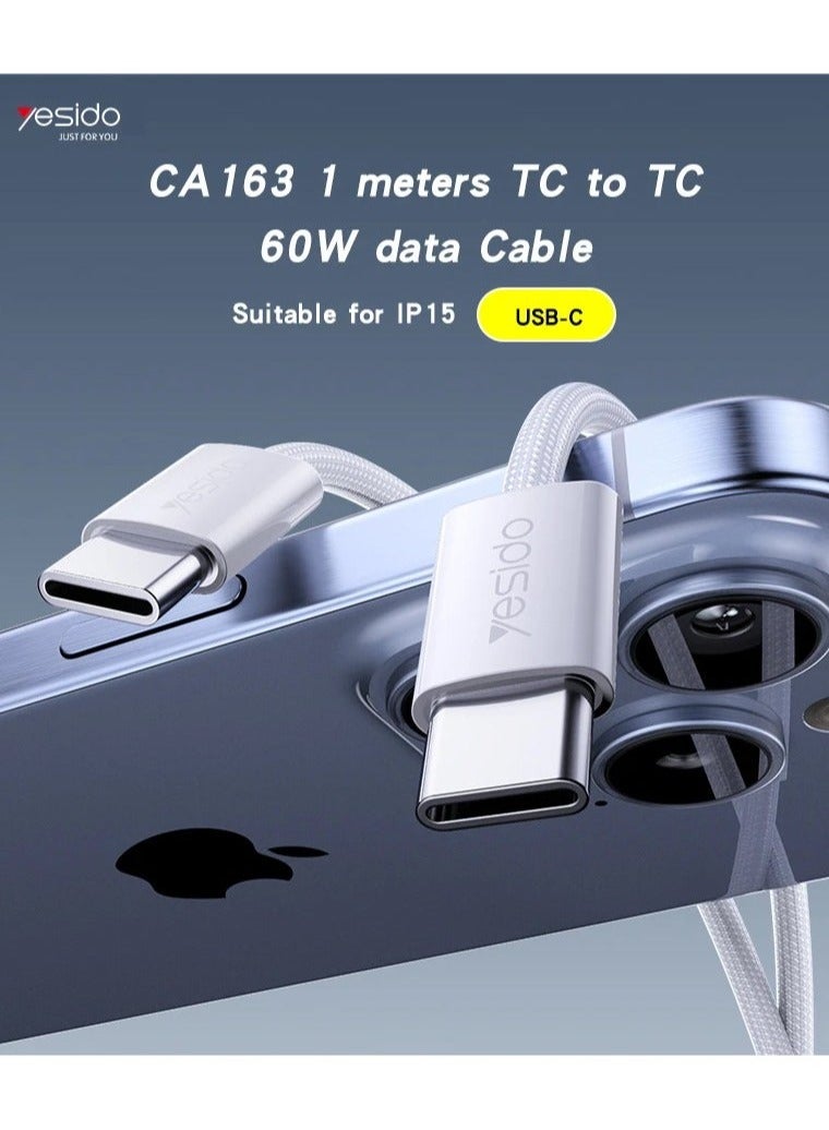 Yesido CA163 Dual Type-C Charging Cable PD 60W Fast Charge – 1.2 Meter White – Power Delivery 60W & Compatible with 27W Devices – Dual Type-C Connectors for Fast Charging & Data Sync – Ideal for USB-C Laptops, Smartphones, Tablets & More - Image 3