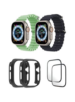 Silicone Ocean Band Strap for Apple Watch Ultra 8 49mm Mint Green/Black , Case Compatible with Apple Watch Ultra 49mm Black/Black , 2* pcs Watch glass Set of 6