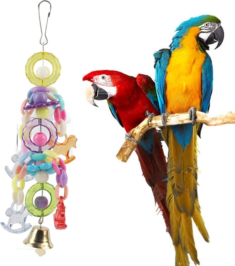 Colorful Beads Bird Cage Stand, Plastic Parrot Hanging Toy with Bell, 7.9x2.6x1.2 Inch - Bite, Eye - Catching Design, Easy to Hang for Pet Birds - Image 1