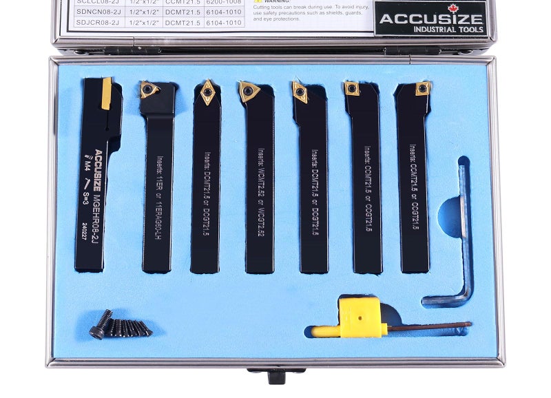 Accusize Industrial Tools 7-Ps Indexable Carbide Turning Tool Set, 1/2" Shank, C6 Grade TiN Coated Inserts, in Fitted Aluminum Case, 2387-2004 - Image 3