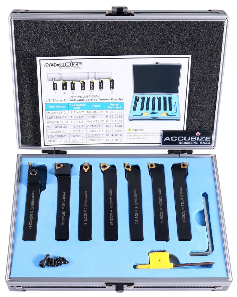 Accusize Industrial Tools 7-Ps Indexable Carbide Turning Tool Set, 1/2" Shank, C6 Grade TiN Coated Inserts, in Fitted Aluminum Case, 2387-2004 - Image 1