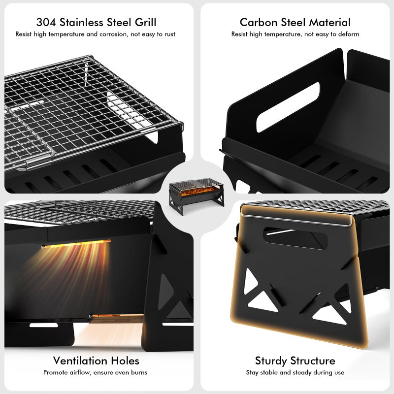 Raynesys Charcoal Grill, Folding Portable Grill, with Carry Bag, Camping Firepit for Outdoor Cooking, Campfire, Patio, Backyard, Backpacking, Party, 15.35 * 12.99 * 5.51 Inches - Image 4