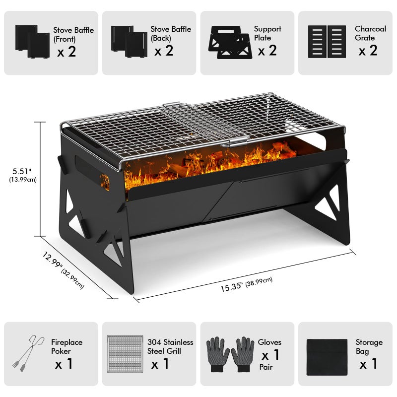 Raynesys Charcoal Grill, Folding Portable Grill, with Carry Bag, Camping Firepit for Outdoor Cooking, Campfire, Patio, Backyard, Backpacking, Party, 15.35 * 12.99 * 5.51 Inches - Image 5