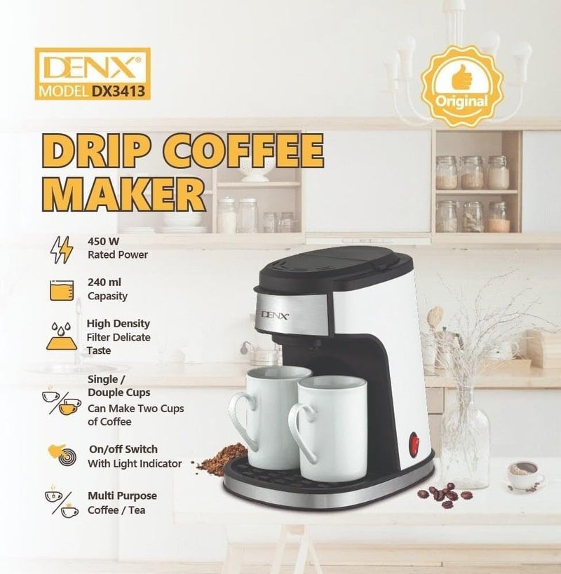 DX3413 Drip Coffee Maker with 2 Ceramic Cups, 450W Coffee Machine, 240ml Capacity, Reusable Removable Filter, One-Touch Brewing, Compact Coffee Maker for Home & Office, Black/White, 1 Year Warranty