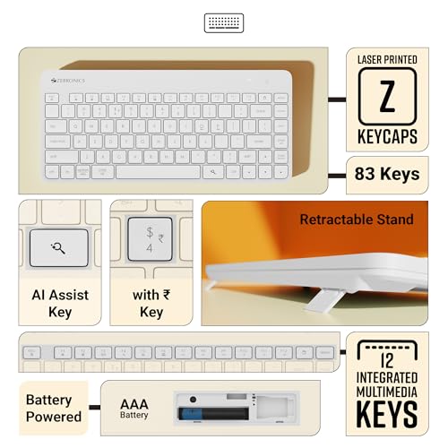ZEBRONICS Companion 201 2.4GHz Wireless Keyboard & Mouse Combo, 83 Keys, AI Assist Key, 12 Integrated Multimedia Keys, 3 Button Mouse, 1600 DPI, High Precision, Silent Operation (White) - Image 4